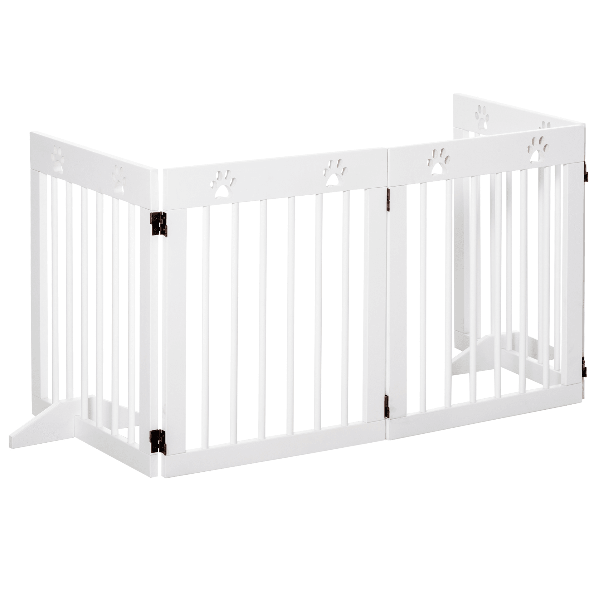 PawHut Freestanding Pet Gate 4 Panel Wooden Dog Barrier Folding Safety Fence with Support Feet up to 204cm Long 61cm Tall for Doorway Stairs White