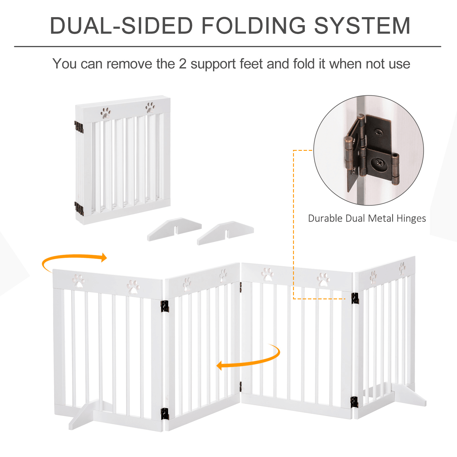 PawHut Freestanding Pet Gate 4 Panel Wooden Dog Barrier Folding Safety Fence with Support Feet up to 204cm Long 61cm Tall for Doorway Stairs White