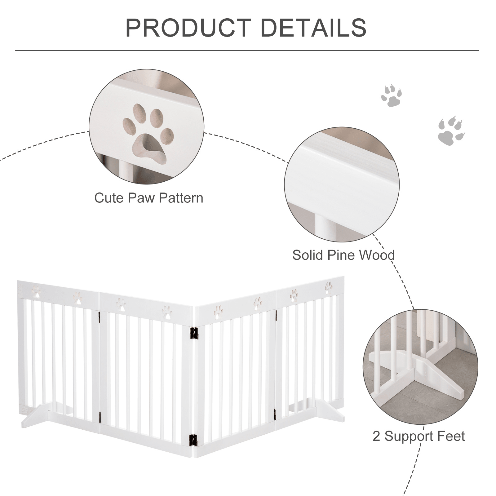 PawHut Freestanding Foldable Pet Gate 4 Panel Wooden with Support Feet | White 204L x 30W x 61H cm - FluffePet