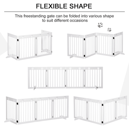 PawHut Freestanding Foldable Pet Gate 4 Panel Wooden with Support Feet | White 204L x 30W x 61H cm - FluffePet