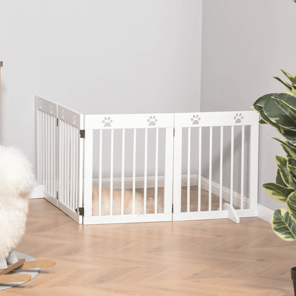 PawHut Freestanding Foldable Pet Gate 4 Panel Wooden with Support Feet | White 204L x 30W x 61H cm - FluffePet