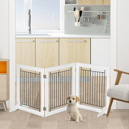 PawHut Freestanding Pet Gate Stair Gates for Dogs Foldable Wooden Dog Gate with 2 Support Feet, 61 cm Tall, for Doorways Hallways Staircases, Small Dogs - White