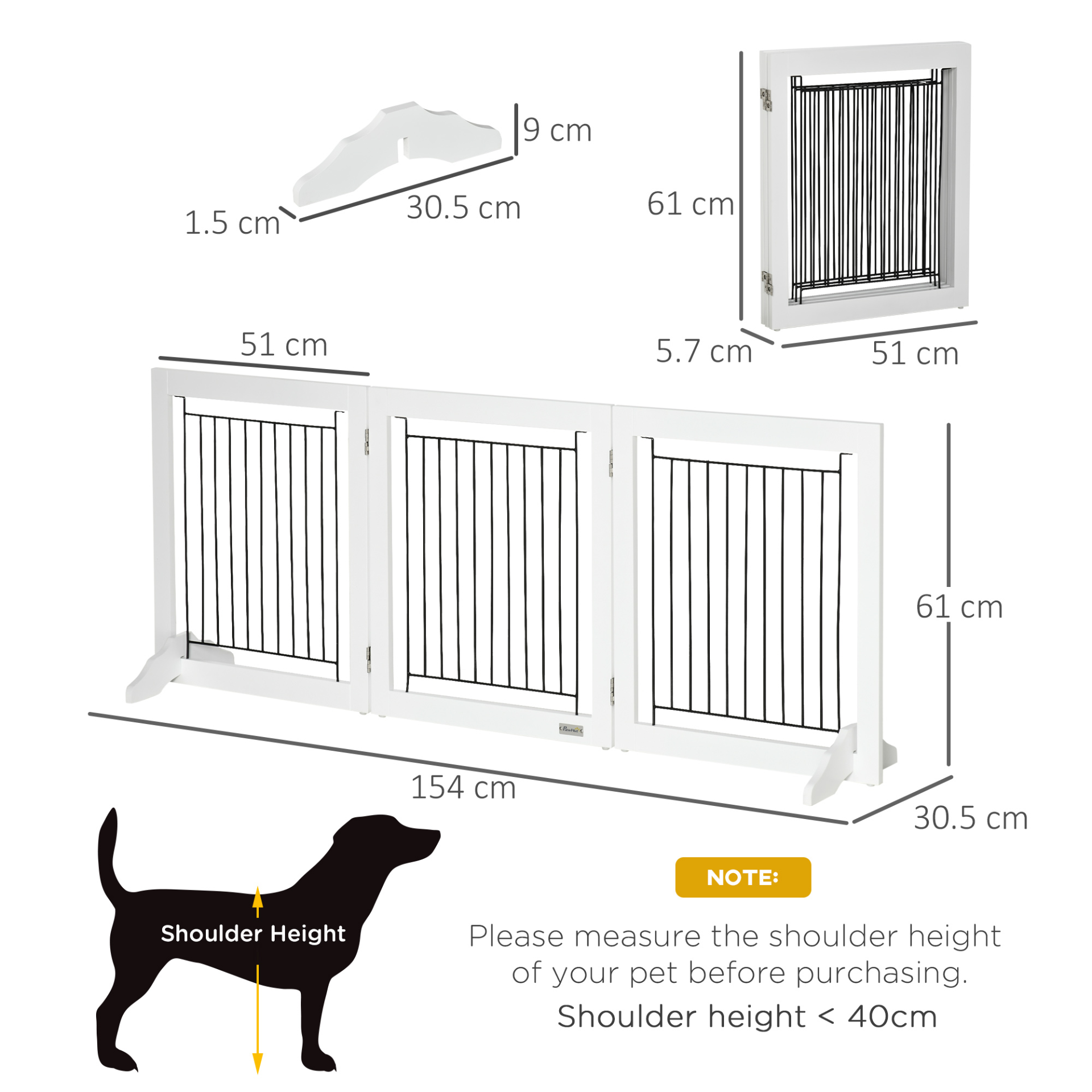 PawHut Freestanding Pet Gate Stair Gates for Dogs Foldable Wooden Dog Gate with 2 Support Feet, 61 cm Tall, for Doorways Hallways Staircases, Small Dogs - White