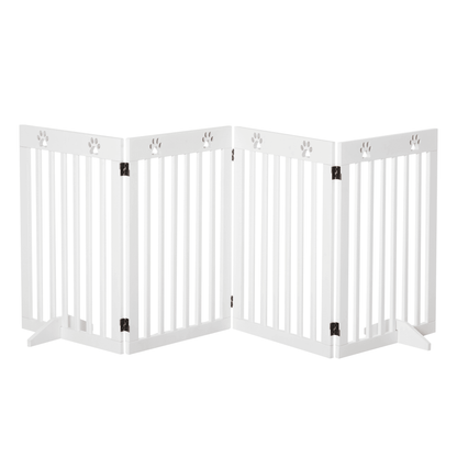 PawHut Freestanding Pet Gate 4 Panel Dog Barrier Folding Safety Fence with Support Feet up to 204cm Long 75cm Tall for Doorway Stairs White