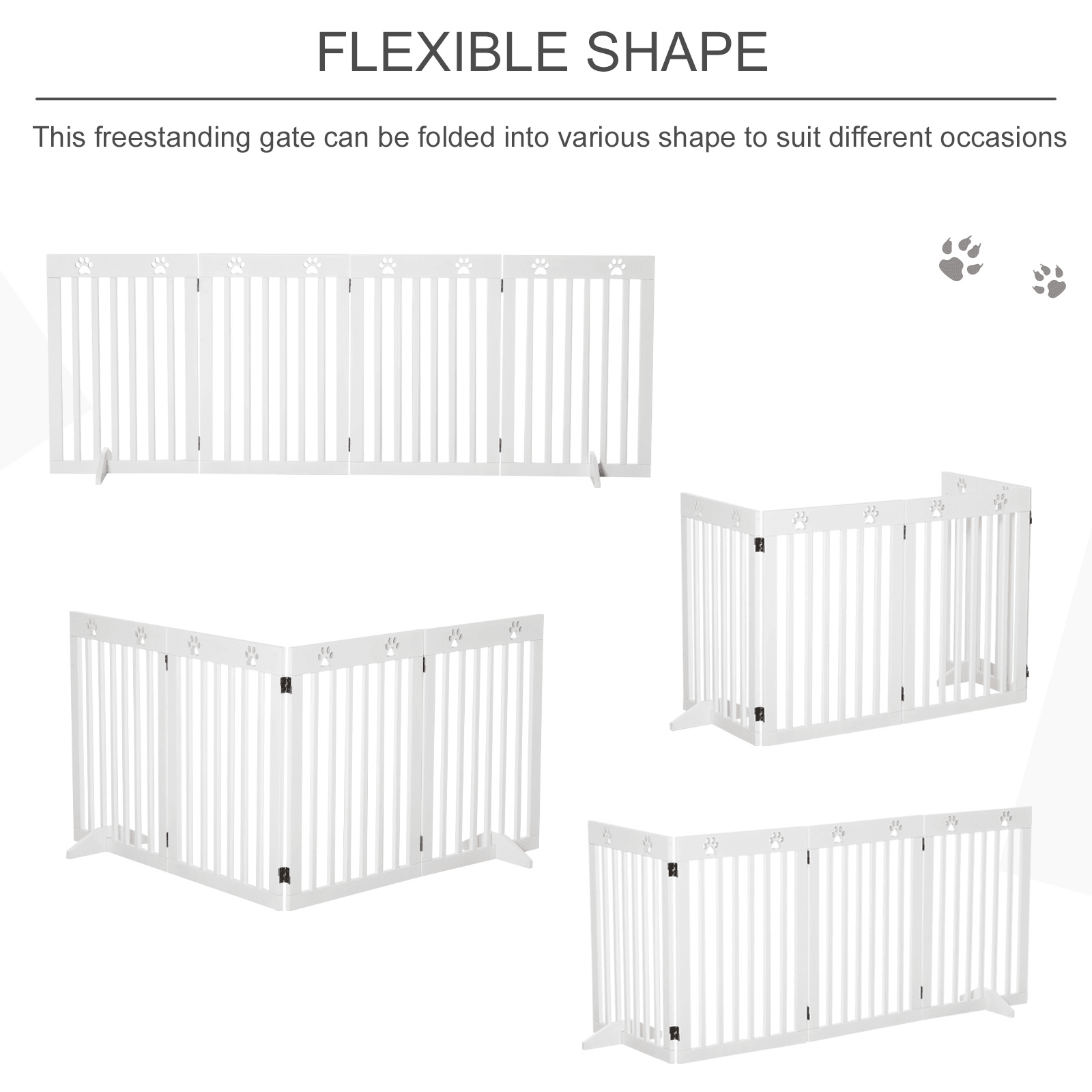 PawHut Freestanding Pet Gate 4 Panel Dog Barrier Folding Safety Fence with Support Feet up to 204cm Long 75cm Tall for Doorway Stairs White