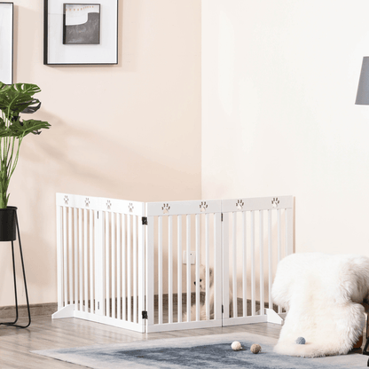 PawHut Freestanding Pet Gate 4 Panel Dog Barrier Folding Safety Fence with Support Feet up to 204cm Long 75cm Tall for Doorway Stairs White