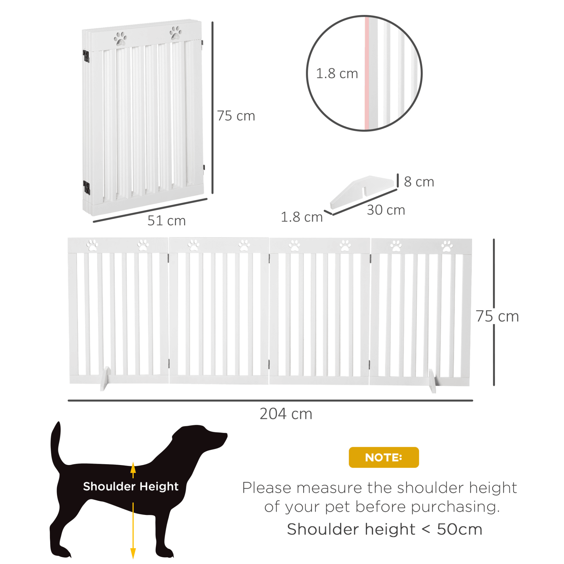 PawHut Freestanding Pet Gate 4 Panel Dog Barrier Folding Safety Fence with Support Feet up to 204cm Long 75cm Tall for Doorway Stairs White