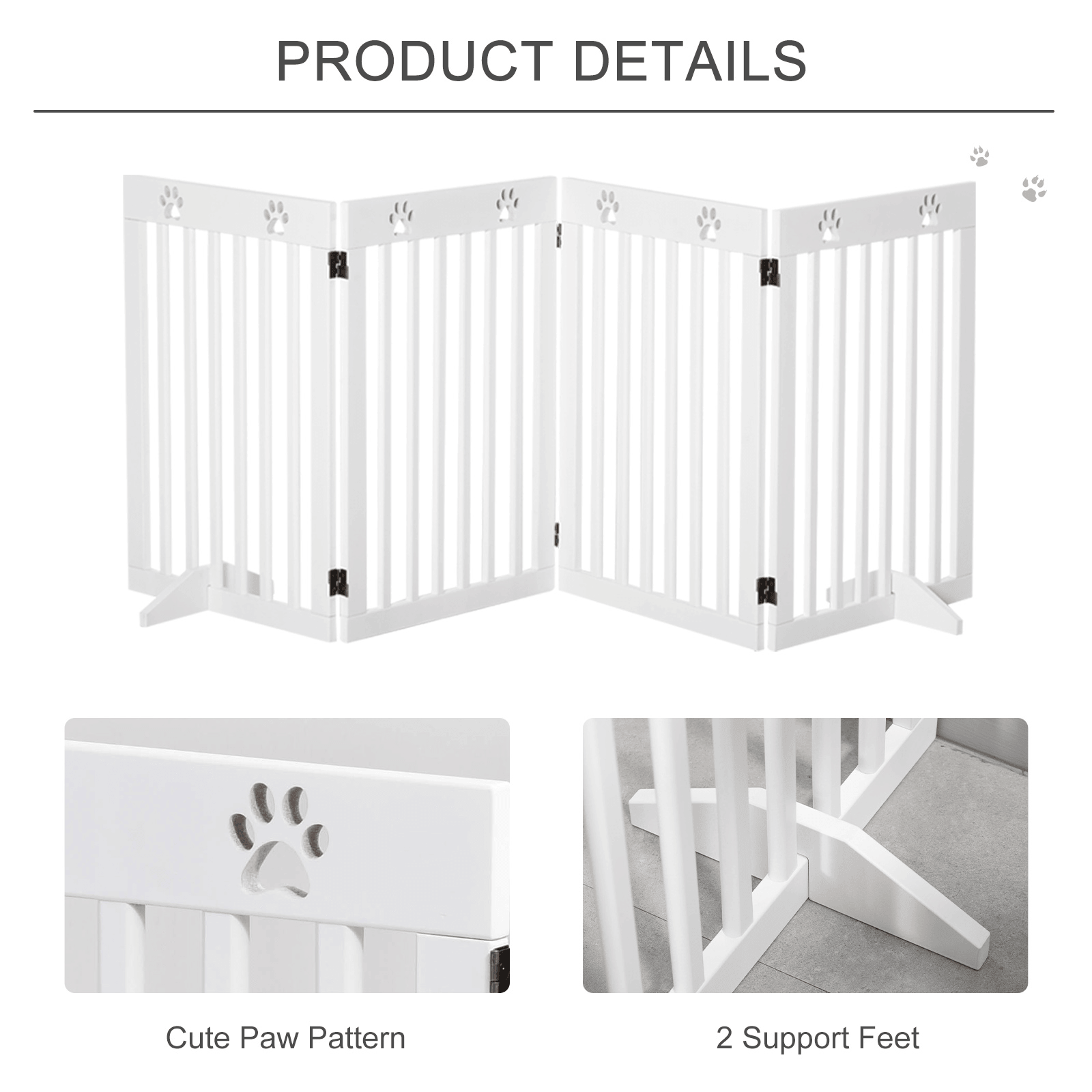 PawHut Freestanding Pet Gate 4 Panel Dog Barrier - Folding Safety Fence with Support Feet | White 204L x 30W x 75H cm - FluffePet