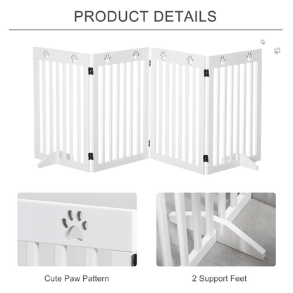 PawHut Freestanding Pet Gate 4 Panel Dog Barrier - Folding Safety Fence with Support Feet | White 204L x 30W x 75H cm - FluffePet