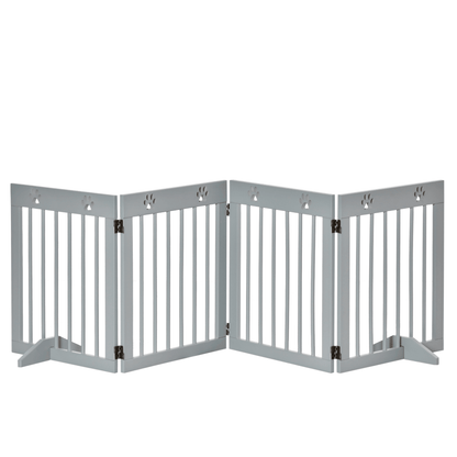 PawHut Freestanding Pet Gate 4 Panel Wooden Dog Barrier Folding Safety Fence with Support Feet up to 204cm Long 61cm Tall for Doorway Stairs Light Grey