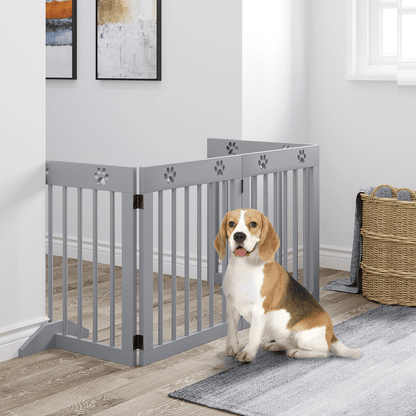 PawHut Freestanding Pet Gate 4 Panel Wooden Dog Barrier Folding Safety Fence with Support Feet up to 204cm Long 61cm Tall for Doorway Stairs Light Grey