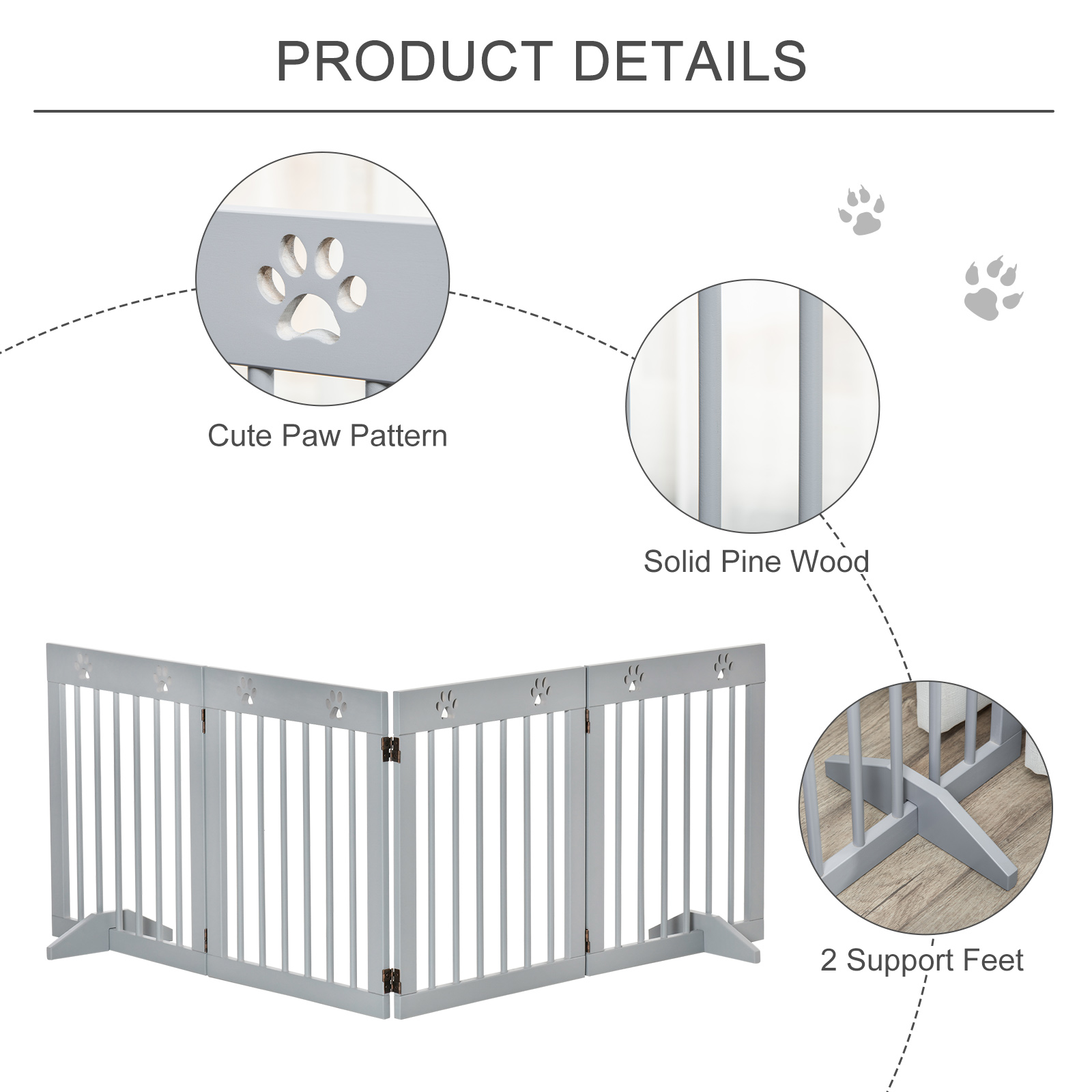 PawHut Freestanding Pet Gate 4 Panel Wooden Dog Barrier Folding Safety Fence with Support Feet up to 204cm Long 61cm Tall for Doorway Stairs Light Grey