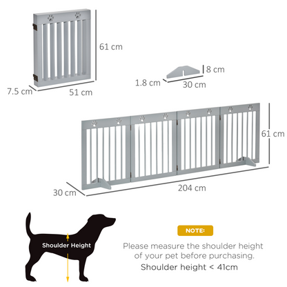 PawHut Freestanding Pet Gate 4 Panel Wooden Dog Barrier Folding Safety Fence with Support Feet up to 204cm Long 61cm Tall for Doorway Stairs Light Grey