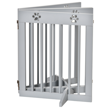 PawHut Freestanding Pet Gate 4 Panel Wooden Dog Barrier Folding Safety Fence with Support Feet up to 204cm Long 61cm Tall for Doorway Stairs Light Grey