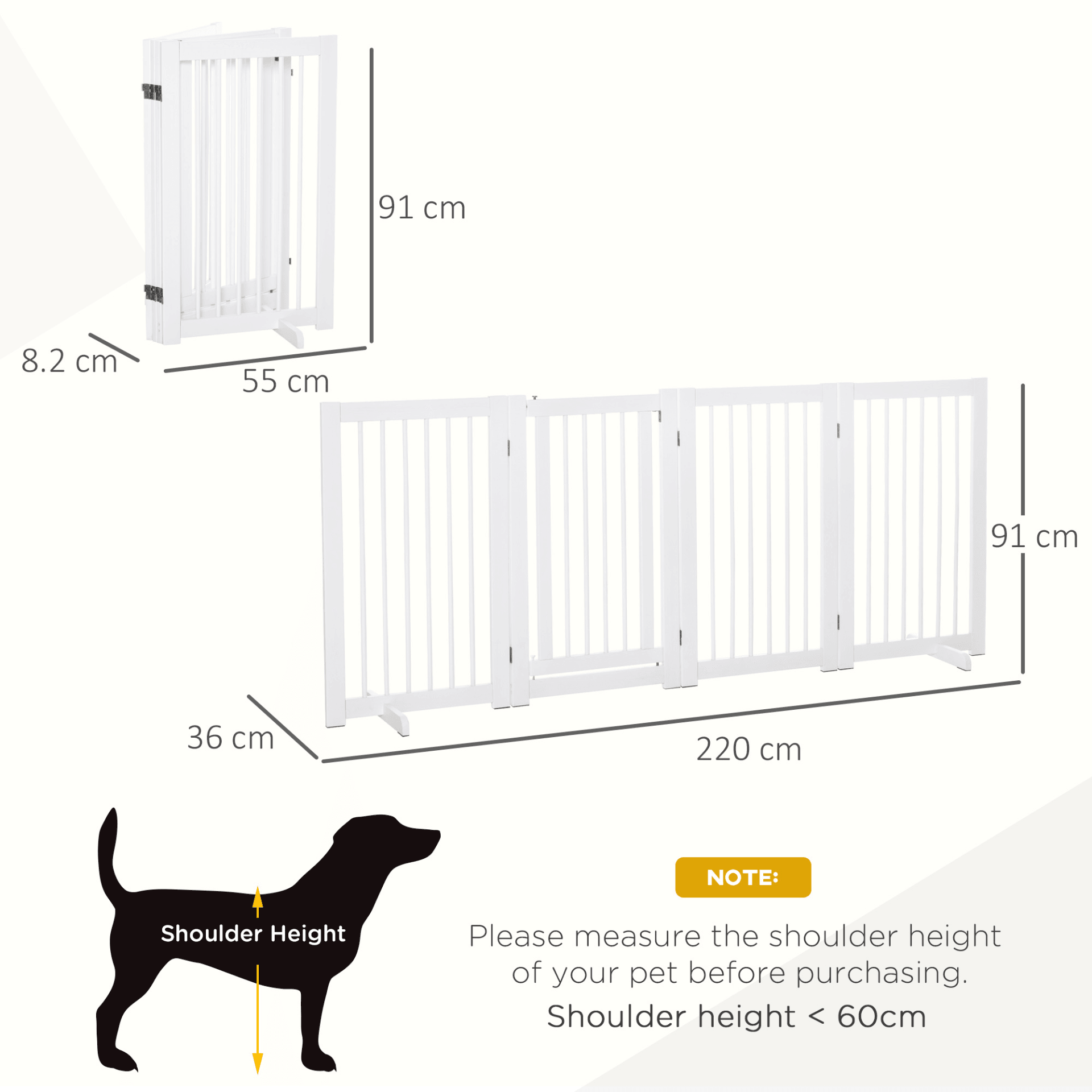 PawHut Freestanding Pet Gate 4 Panels Wooden Dog Safety Fence Foldable with Support Feet for Doorway Stairs 91cm Tall White