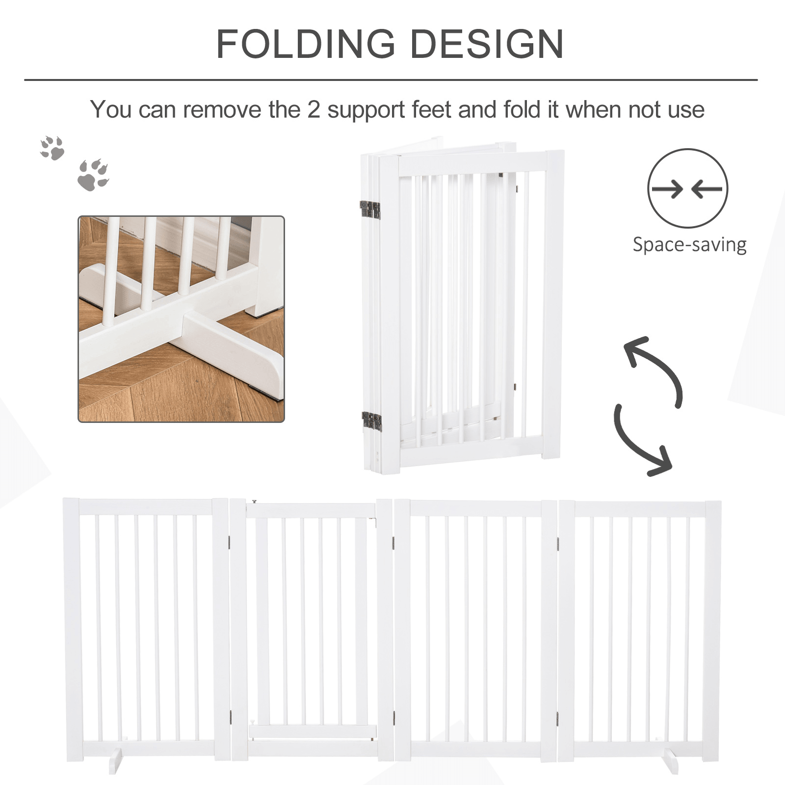 PawHut Freestanding Pet Gate 4 Panels Wooden Dog Safety Fence - Foldable | White 220L x 36W x 91H cm - FluffePet