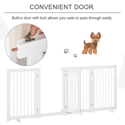 PawHut Freestanding Pet Gate 4 Panels Wooden Dog Safety Fence - Foldable | White 220L x 36W x 91H cm - FluffePet