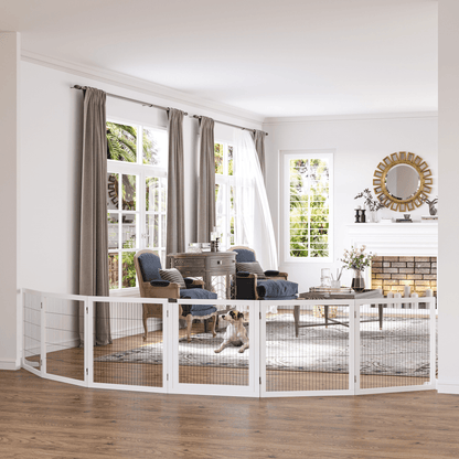 PawHut Freestanding Pet Gate 6 Panel Foldable Playpen Wooden Dog Gate with 2 Support Feet for Stairs Doorway 432cm Long 70cm Tall White