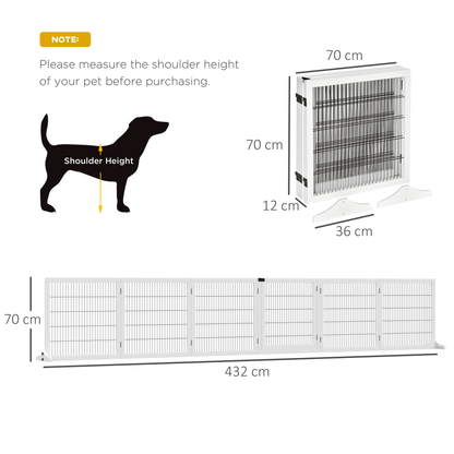 PawHut Freestanding Pet Gate 6 Panel Foldable Playpen Wooden Dog Gate with 2 Support Feet for Stairs Doorway 432cm Long 70cm Tall White