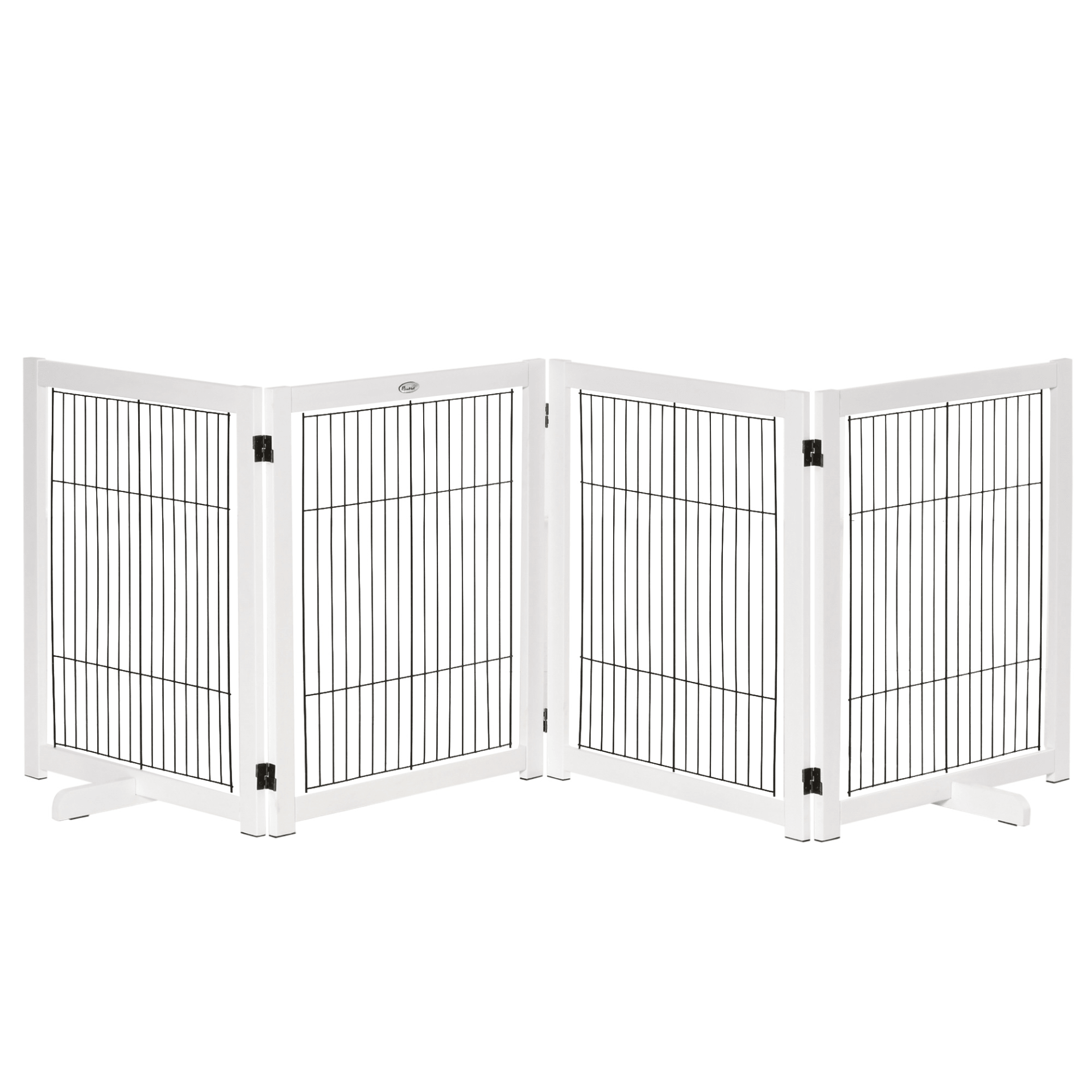 PawHut Freestanding Pet Gate 4 Panel Wooden Dog Barrier Foldable Safety Fence with Support Feet 264cm Long 77cm Tall for Doorway Stairs White