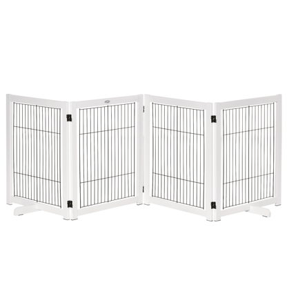 PawHut Freestanding Pet Gate 4 Panel Wooden Dog Barrier Foldable Safety Fence with Support Feet 264cm Long 77cm Tall for Doorway Stairs White