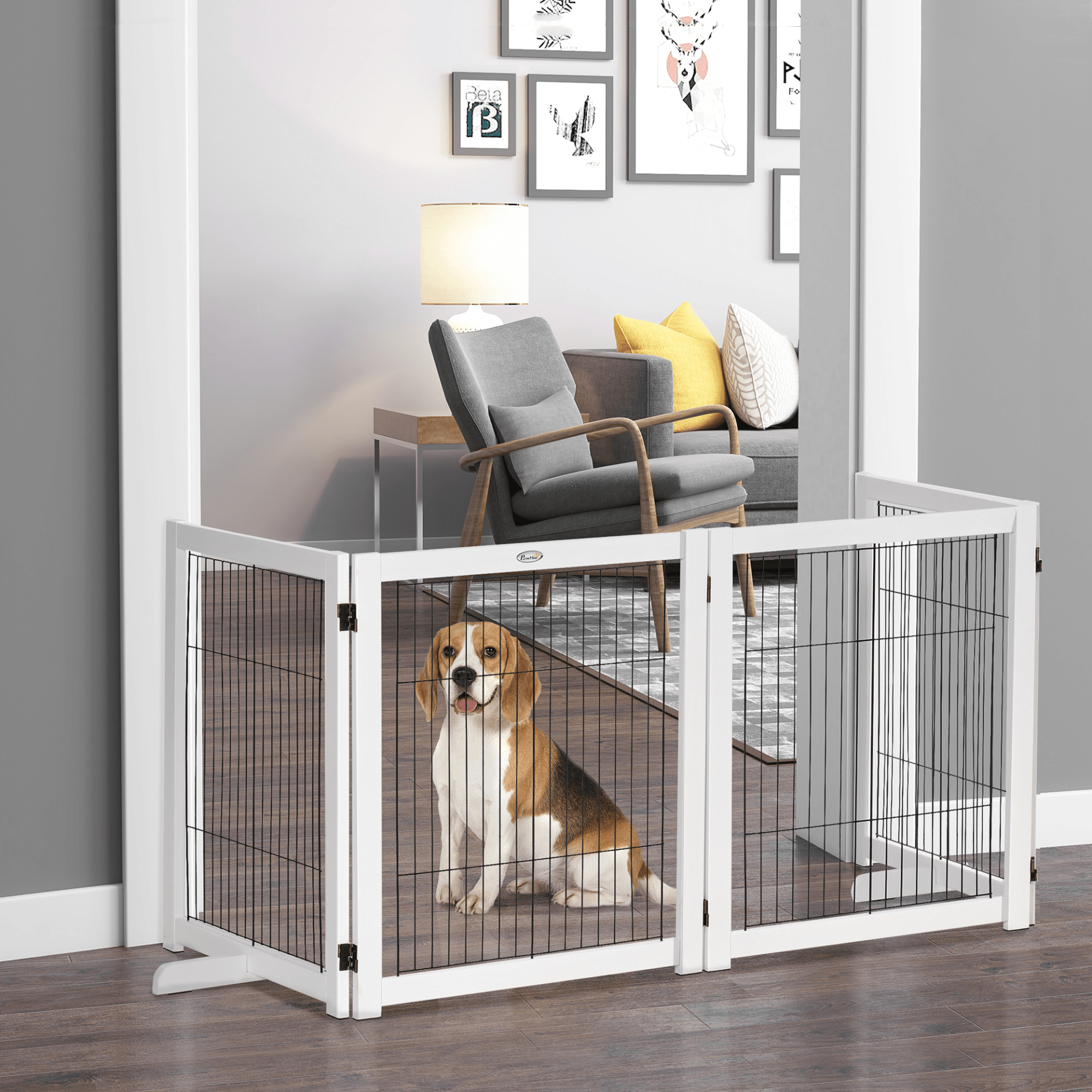 PawHut Freestanding Pet Gate 4 Panel Wooden Dog Barrier Foldable Safety Fence with Support Feet 264cm Long 77cm Tall for Doorway Stairs White