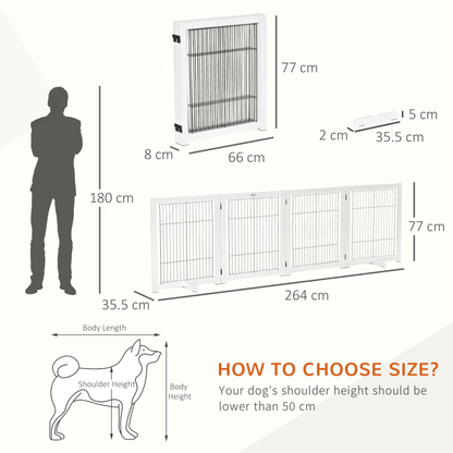 PawHut Freestanding Pet Gate 4 Panel Wooden Dog Barrier Foldable Safety Fence with Support Feet 264cm Long 77cm Tall for Doorway Stairs White