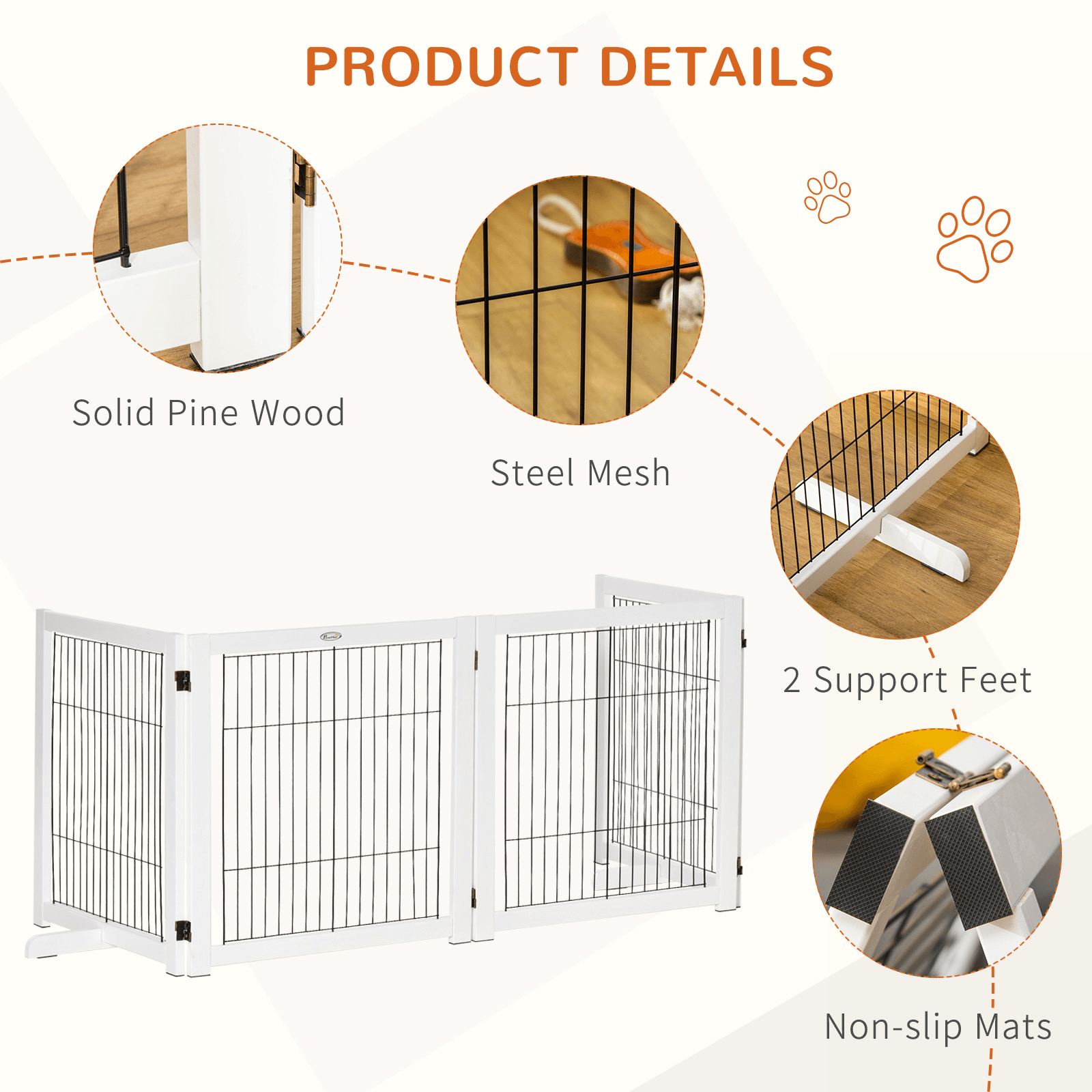 PawHut Freestanding Pet Gate - Foldable with Support Feet | White 264L x 35.5W x 77H cm - FluffePet