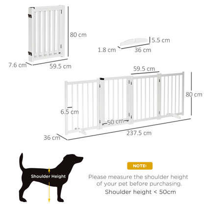 PawHut Freestanding Pet Gate for Small and Medium Dogs, Wooden Foldable Dog Safety Barrier with 4 Panels, 2 Support Feet, 80 cm Tall for Doorways, Stairs White