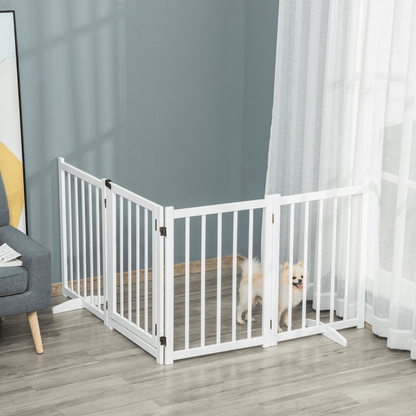 PawHut Freestanding Pet Gate for Small and Medium Dogs, Wooden Foldable Dog Safety Barrier with 4 Panels, 2 Support Feet, 80 cm Tall for Doorways, Stairs White