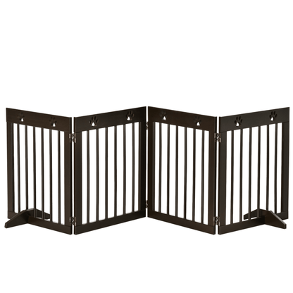 Dog Crates Pens & GatesPawHut Freestanding Pet Gate 4 Panel Wooden Dog Barrier Folding Safety Fence with Support Feet up to 204cm Long 61cm Tall for Doorway Stairs Brown