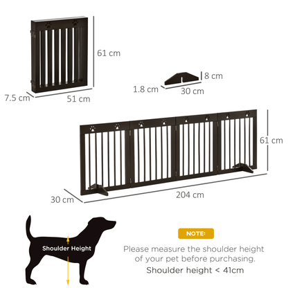 PawHut Freestanding Pet Gate 4 Panel Wooden Dog Barrier Folding Safety Fence with Support Feet up to 204cm Long 61cm Tall for Doorway Stairs Brown