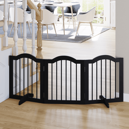 PawHut Freestanding Pet Gate Wooden Dog Gate with Support Feet - Foldable Pet Fence Safety Barrier for House Doorway Stairs | Black