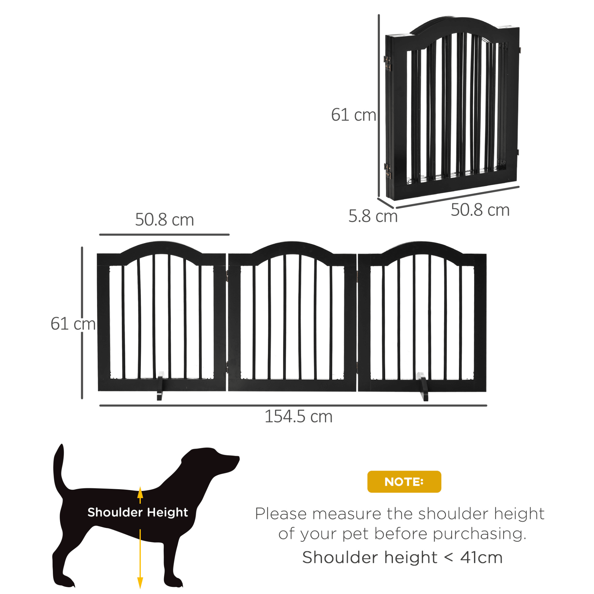 PawHut Freestanding Pet Gate Wooden Dog Gate with Support Feet - Foldable Pet Fence Safety Barrier for House Doorway Stairs | Black