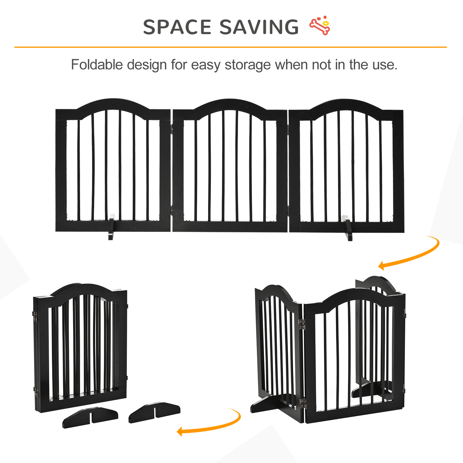 PawHut Freestanding Pet Gate Wooden Dog Gate with Support Feet - Foldable Pet Fence Safety Barrier for House Doorway Stairs | Black