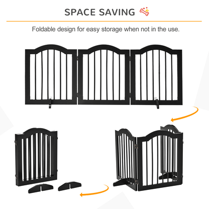 PawHut Freestanding Pet Gate Wooden Dog Gate with Support Feet - Foldable Pet Fence Safety Barrier for House Doorway Stairs | Black