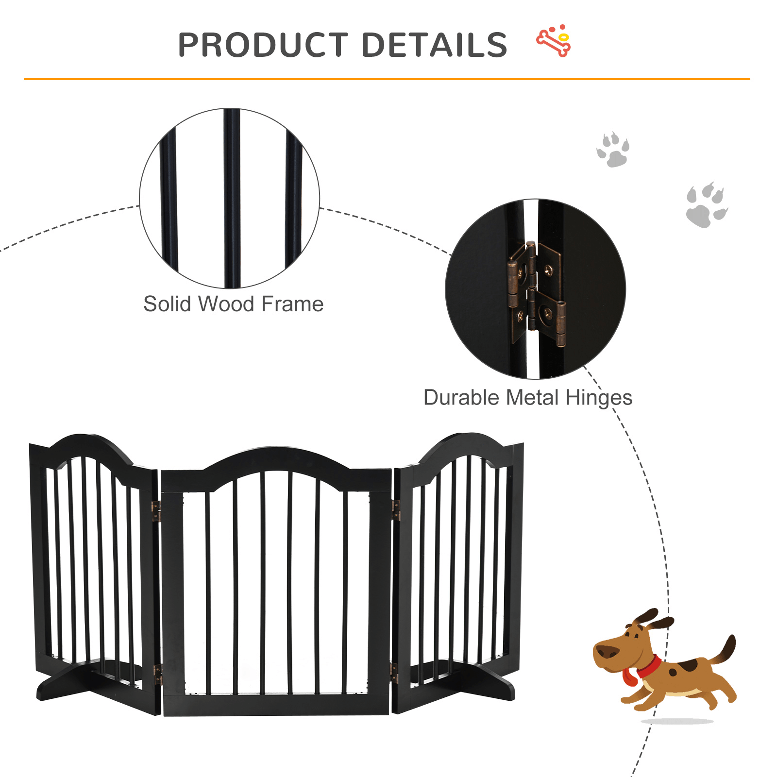 PawHut Freestanding Pet Gate Wooden Dog Gate with Support Feet - Foldable Pet Fence Safety Barrier for House Doorway Stairs | Black