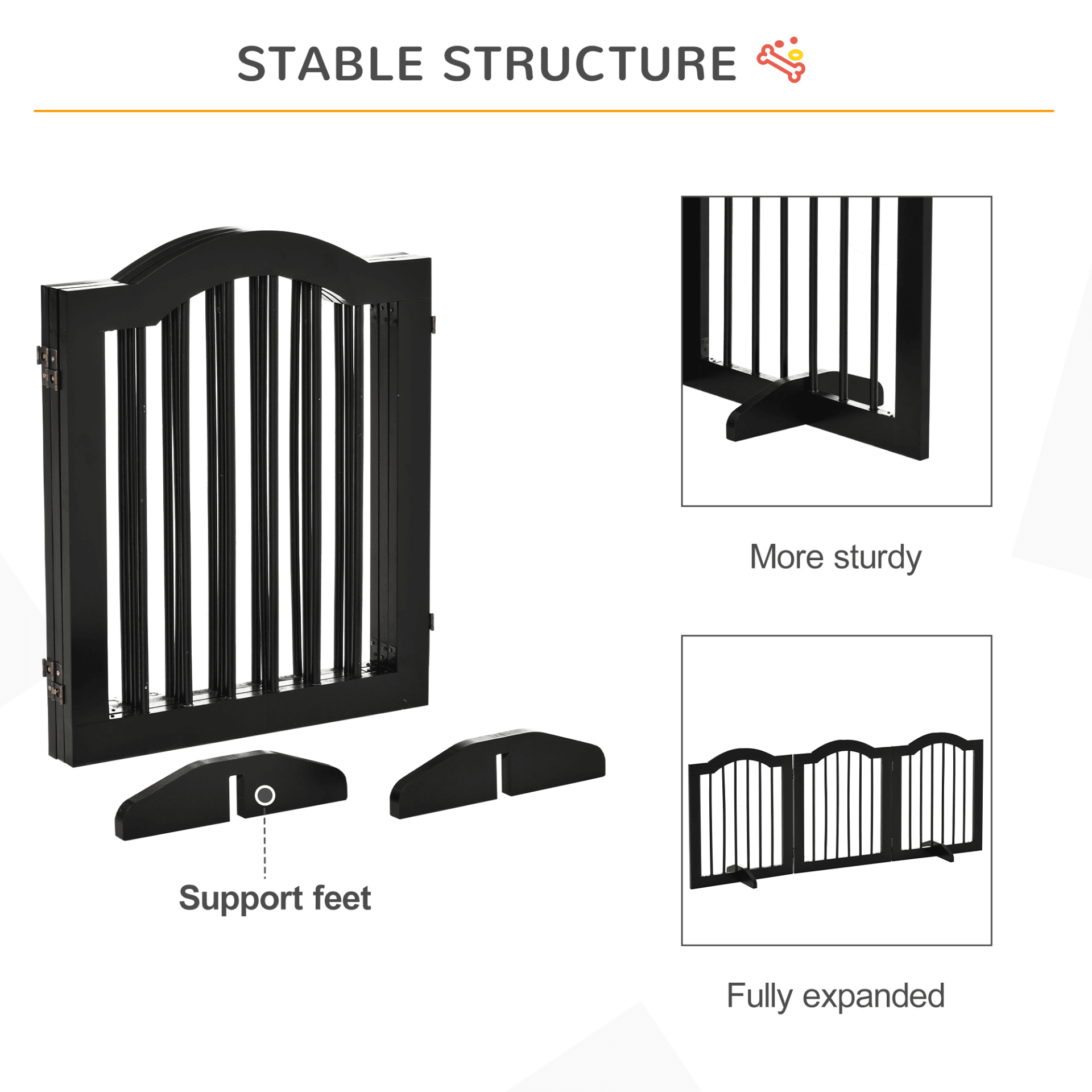 PawHut Freestanding Pet Gate Wooden Dog Gate with Support Feet - Foldable Pet Fence Safety Barrier for House Doorway Stairs | Black