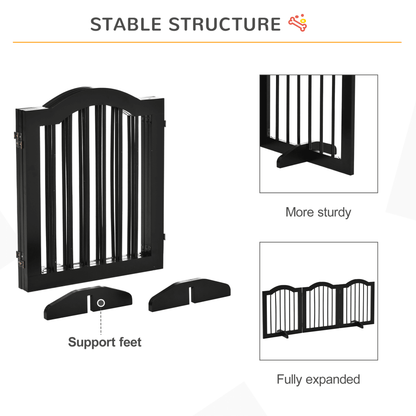 PawHut Freestanding Pet Gate Wooden Dog Gate with Support Feet - Foldable Pet Fence Safety Barrier for House Doorway Stairs | Black