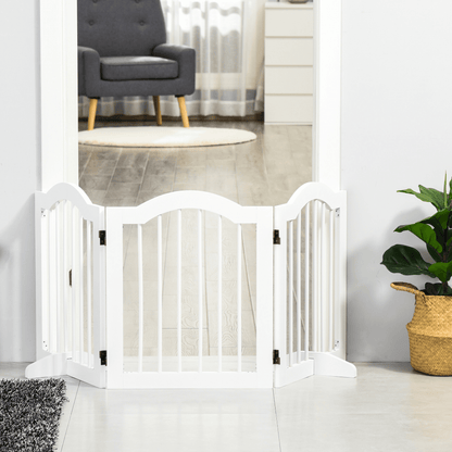 PawHut Freestanding Pet Gate Wooden Dog Gate with Support Feet Foldable Pet Fence Safety Barrier for the House Doorway Stairs White