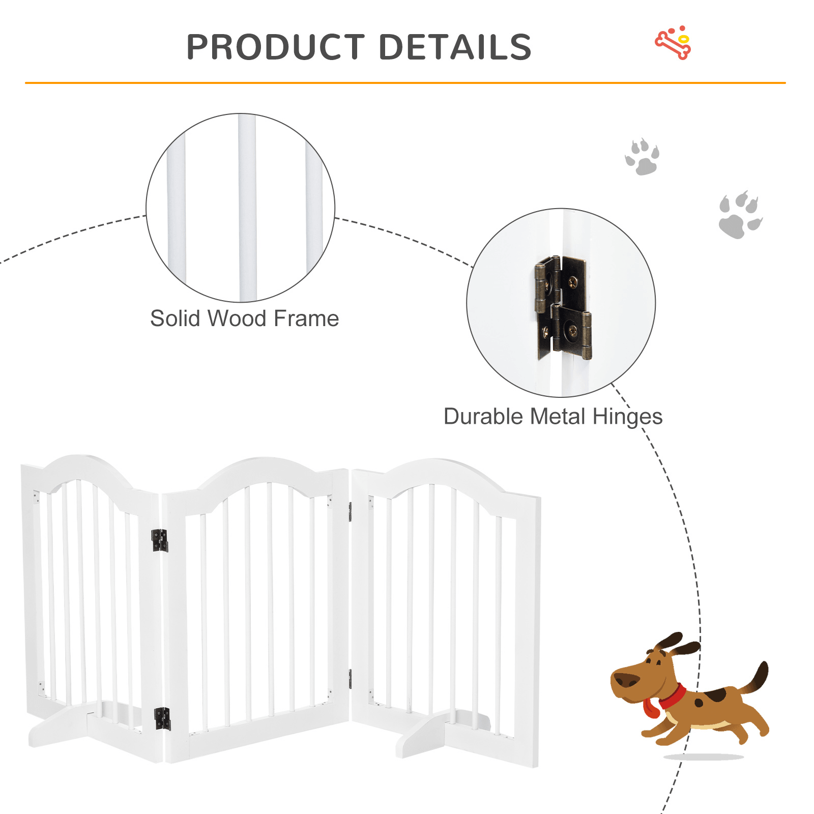 PawHut Freestanding Pet Gate Wooden Dog Gate with Support Feet Foldable Pet Fence Safety Barrier for the House Doorway Stairs White