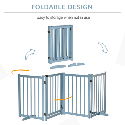 PawHut Freestanding Pet Gate for Small and Medium Dogs, Wooden Foldable Dog Safety Barrier with 4 Panels, 2 Support Feet, 80 cm Tall for Doorways, Stairs Blue-grey