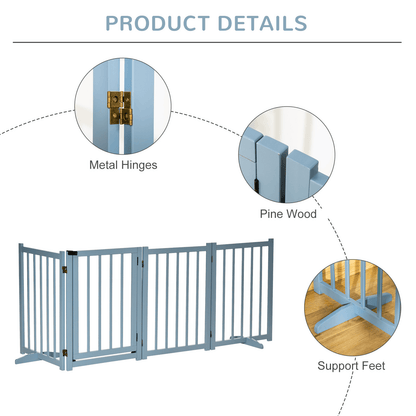 PawHut Freestanding Pet Gate for Small and Medium Dogs, Wooden Foldable Dog Safety Barrier with 4 Panels, 2 Support Feet, 80 cm Tall for Doorways, Stairs Blue-grey