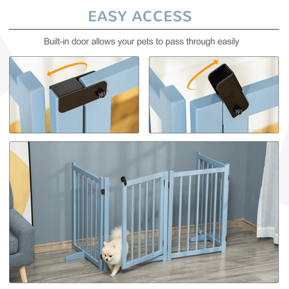 PawHut Freestanding Pet Gate for Small and Medium Dogs, Wooden Foldable Dog Safety Barrier with 4 Panels, 2 Support Feet, 80 cm Tall for Doorways, Stairs Blue-grey