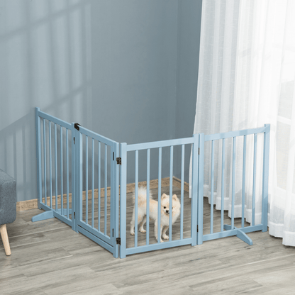 PawHut Freestanding Pet Gate for Small and Medium Dogs, Wooden Foldable Dog Safety Barrier with 4 Panels, 2 Support Feet, 80 cm Tall for Doorways, Stairs Blue-grey