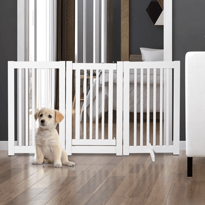 PawHut Freestanding Dog Gate Wood Doorway Safety Pet Barrier Fence Foldable w/ Latch Support Feet White, 155 x 76 cm