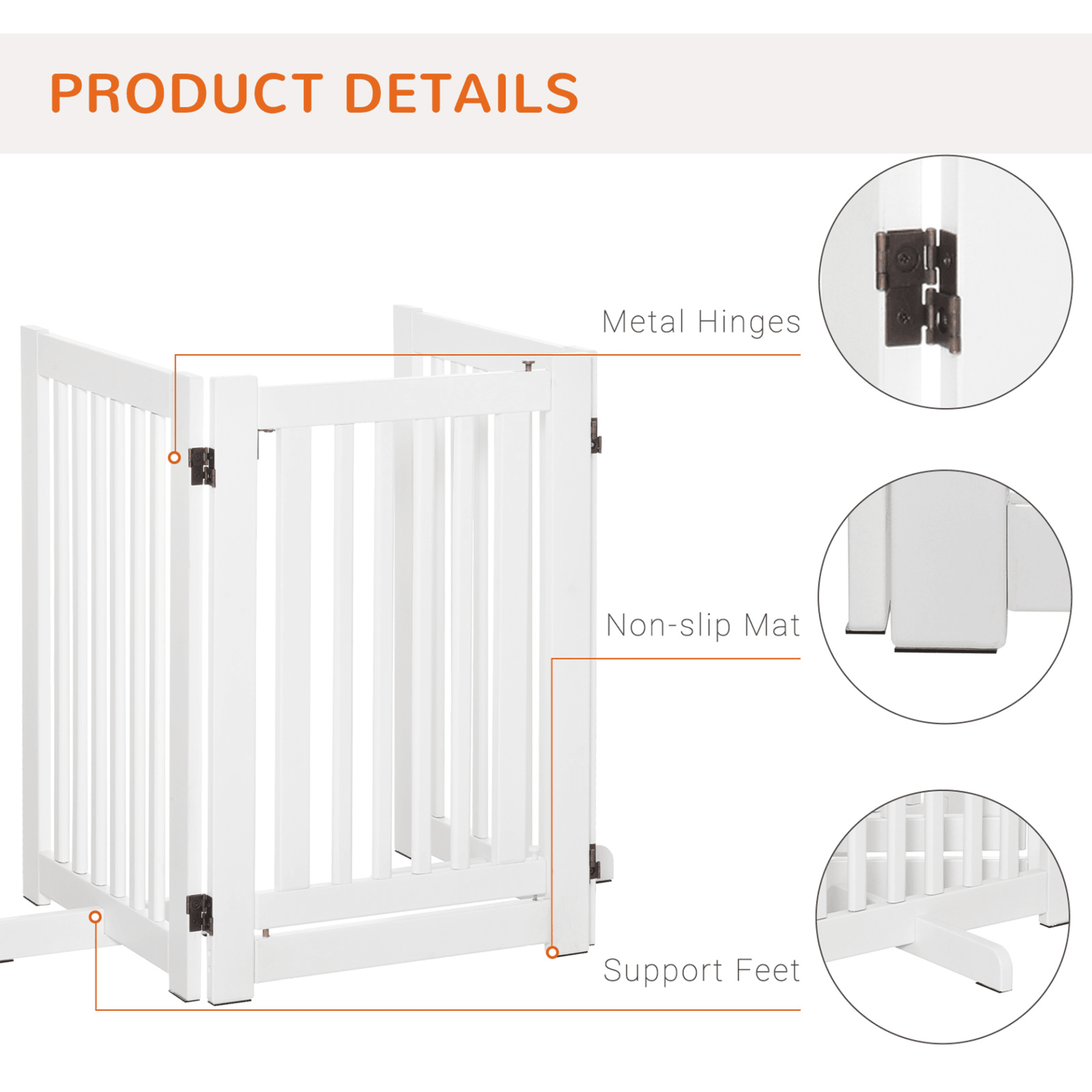 PawHut Freestanding Dog Gate Wood Doorway Safety Pet Barrier Fence Foldable w/ Latch Support Feet White, 155 x 76 cm