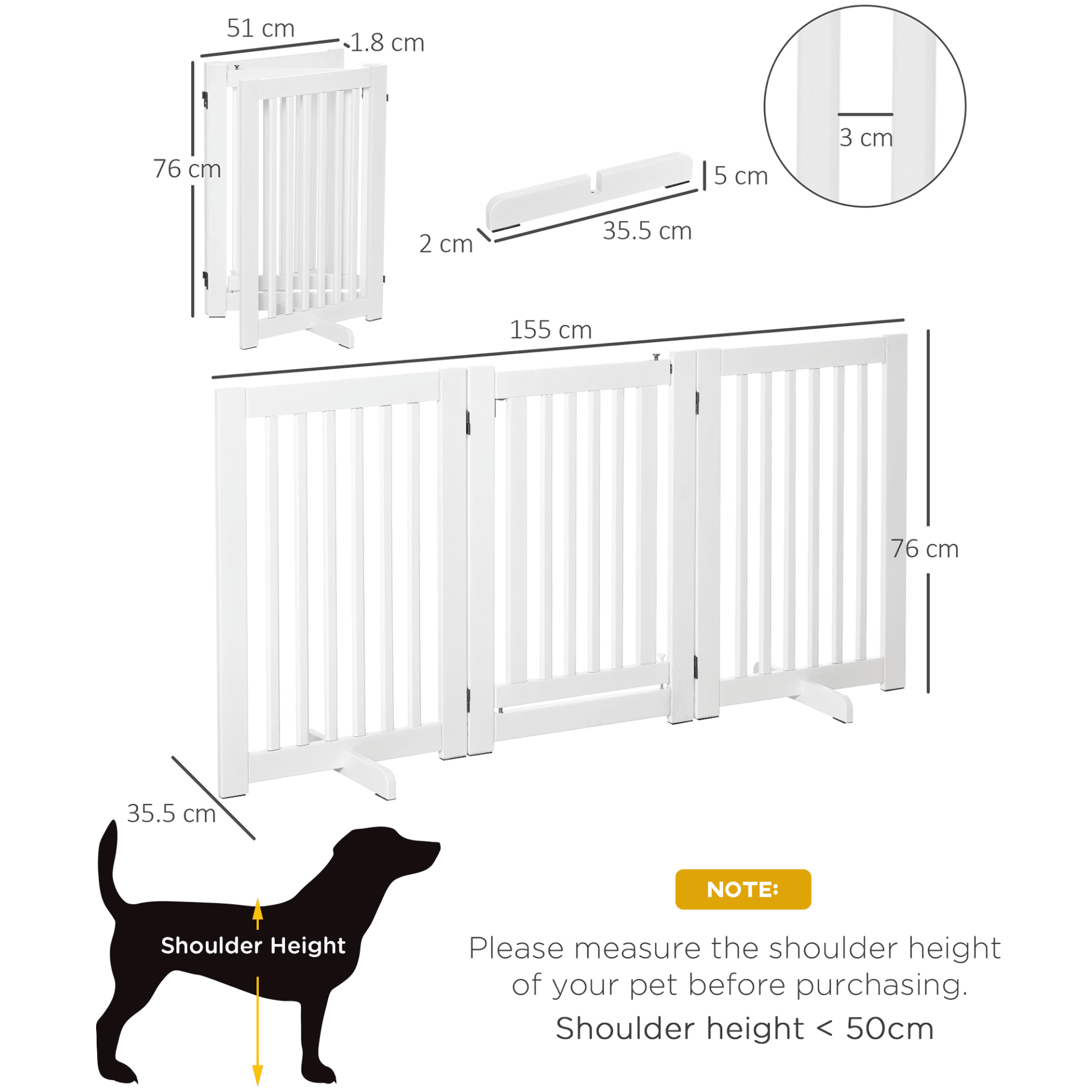 PawHut Freestanding Dog Gate Wood Doorway Safety Pet Barrier Fence Foldable w/ Latch Support Feet White, 155 x 76 cm