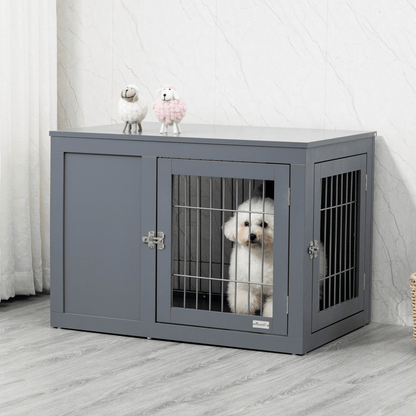 PawHut Furniture-Style Dog Crate End Table with Two Lockable Doors Grey