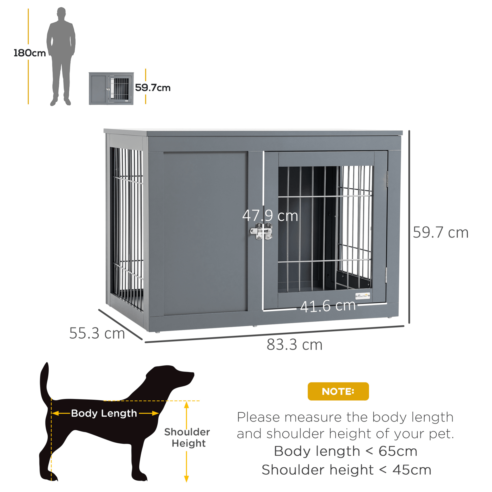 PawHut Furniture-Style Dog Crate End Table with Two Lockable Doors Grey